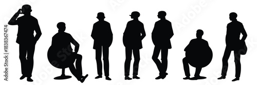 silhouettes of men in formal business suits standing CAD illustration in editable vector lines