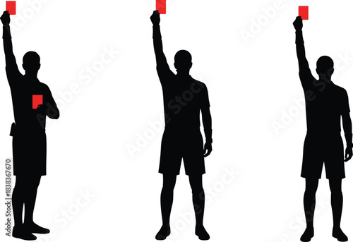 Silhouette vector set of a referee holding up a red card, symbolizing penalty, foul, expulsion, rule enforcement, sports discipline, and authority in soccer game.