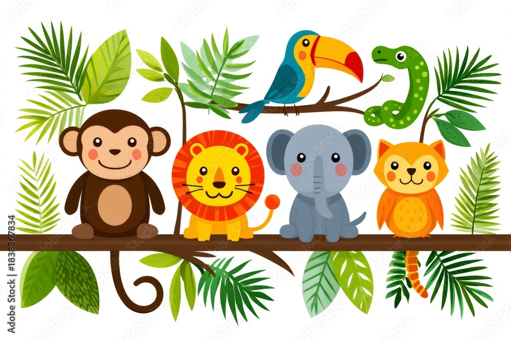 Naklejka premium Cute cartoon jungle animals sitting on tree branch