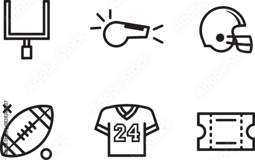 A collection of simple outline vector icons representing various elements and equipment associated with American football, ideal for sports-themed designs.