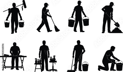 Cleaning workers silhouettes with mop, broom, buckets, cleaning supplies and janitorial tools for housekeeping, sanitation, maintenance, cleaning service illustration