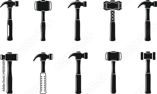 Collection of various hammers and mallets icons, construction tools silhouette set for repair, carpentry, hardware, handyman, industrial building design