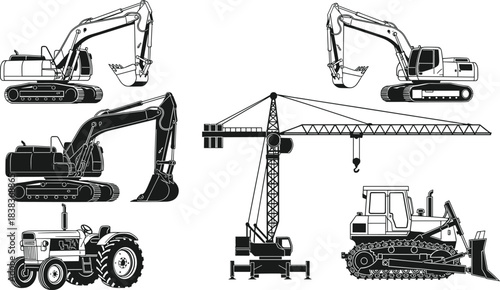 Construction machinery silhouettes set with excavators, bulldozer, tractor and tower crane, heavy industrial equipment for building, engineering and construction projects