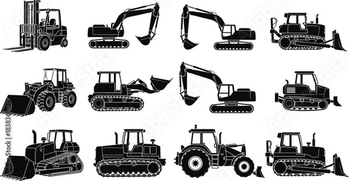 Construction machinery silhouettes collection with forklift, excavators, bulldozers, tractor loader, heavy equipment icons set for industrial building and engineering design