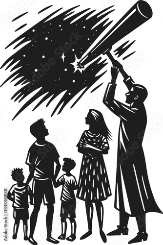 Family observes starry night sky with astronomer and telescope