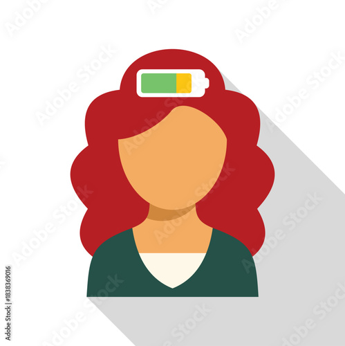 Woman's head with a battery icon indicating moderate energy levels, representing mental health or fatigue