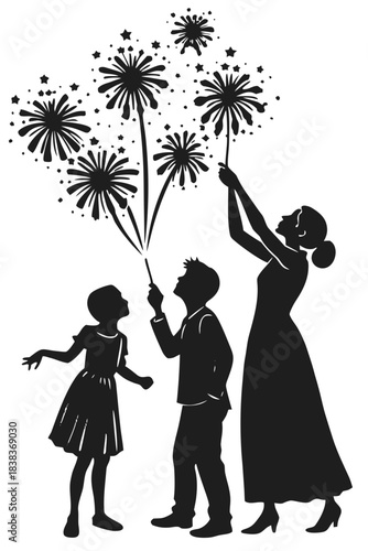 Family celebrates with sparklers, festive holiday evening event