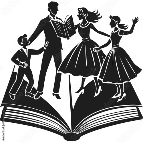 Family enjoying stories and learning together from an open book.