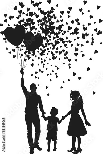 Loving family silhouette with heart balloons and flying hearts.