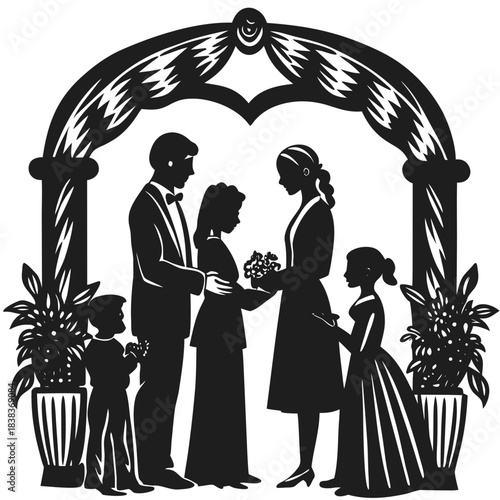 Wedding ceremony silhouette, bride groom and children under arch.