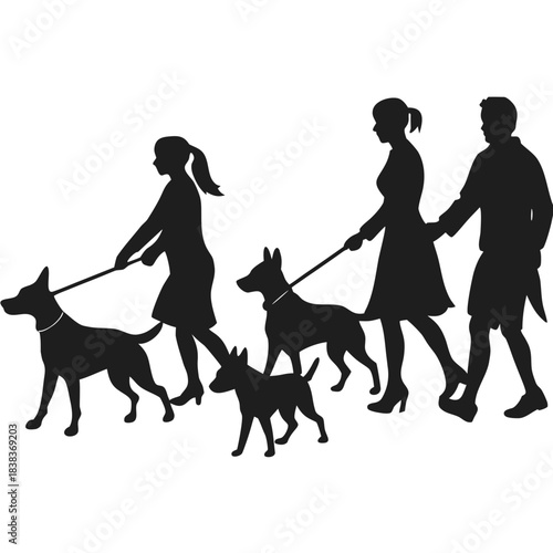 Silhouettes of people walking dogs on leashes, family outing