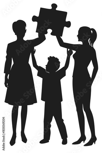 Family collaboration: two women and a child hold puzzle piece