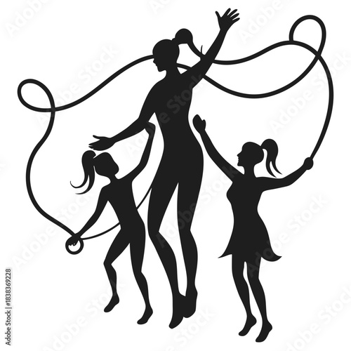 Three female silhouettes jumping rope activity and fitness fun