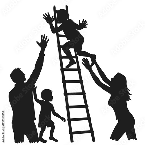 Family silhouette, child climbing ladder with parental support