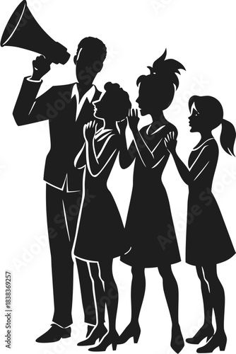 Man with megaphone speaks to three women who are attentively listening