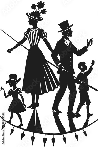 Vintage silhouette family walking tightrope, life's delicate balance.