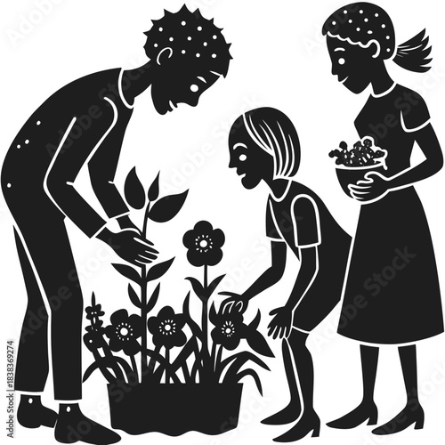 Family gardening together, planting flowers and nurturing plants.