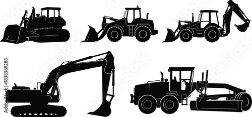 Construction machinery silhouettes set, heavy equipment icons collection, excavator, bulldozer, loader, grader, industrial machines illustration, building tools graphics, engineering vehicles