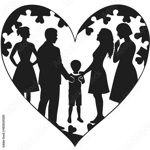Family silhouettes within heart puzzle symbolizing love and unity.