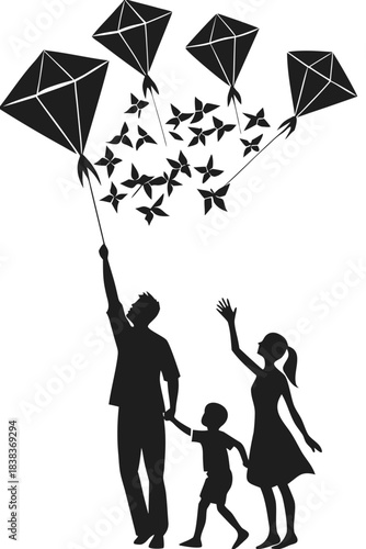 Family flying kites fun together silhouette vector illustration