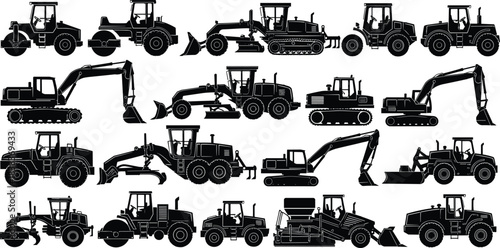 Construction machinery silhouettes set, heavy equipment vehicles side view icons for engineering, industrial building tools illustration for infrastructure projects design