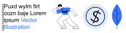 Financial growth, investment opportunities, sustainability, modern design, economic planning, personal finance. A man poses, a dollar sign coin and a leaf are . Financial growth and investment