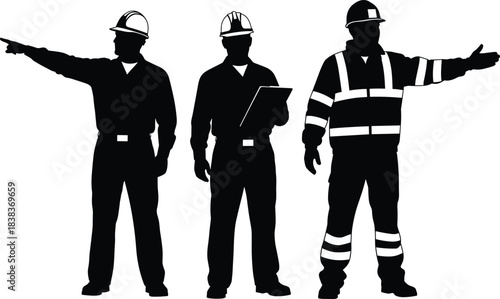 Construction supervisors and safety officers silhouettes directing work and inspecting site, workers in hard hats controlling safety and project management tasks