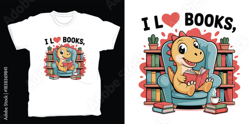Cute dinosaur reading books in armchair surrounded by bookshelves  graphic design t-Shirt Print 