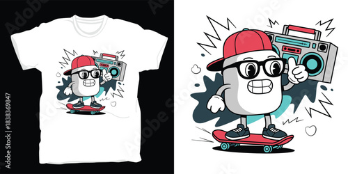 Cartoon pill character with boombox and skateboard wearing a hat