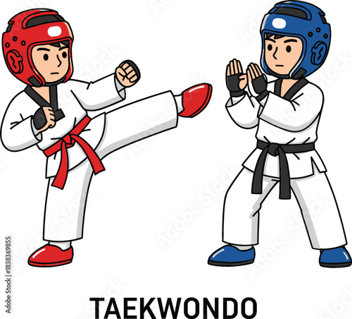 A dynamic vector illustration showing two athletes sparring in Taekwondo, wearing white doboks and protective red and blue headgear during a martial arts competition.