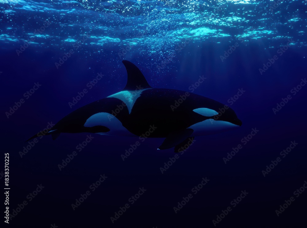 Fototapeta premium Majestic Orca Swimming Gracefully in Deep Blue Ocean Waters