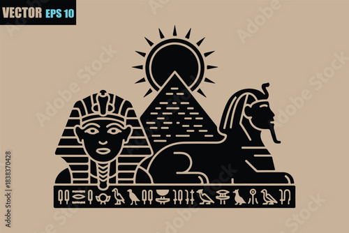 Ancient egyptian icons: pharaoh, sphinx, pyramid under desert sun