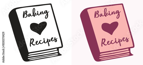 Outline and colored hand drawn illustration of a recipe book titled "Baking Recipes" with a heart on the cover. A cute and simple graphic resource ideal for cooking blogs, culinary education and menus