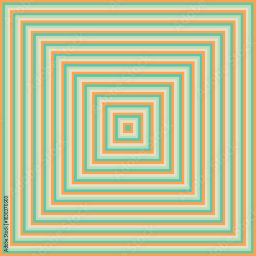 Visual effect created by pale orange, teal green and beige squares getting progressively smaller