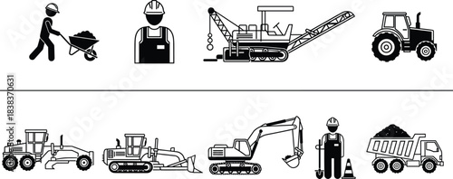 Construction vehicles icons with workers, heavy machinery equipment illustration, industrial tools and transportation, road building elements, safety symbols, construction site design graphic.