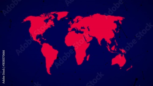 World map illuminated red on an abstract digital network background