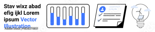 Bar chart with blue segments, document with checkmarks, and lightbulb with wind turbine. Ideal for analytics, productivity, workflow, innovation, sustainability, reports simple landing page