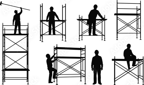 Construction workers silhouette on scaffolding, industrial safety teamwork, building maintenance, climbing structure, professional labor activity, engineering support platform illustration, workspace.