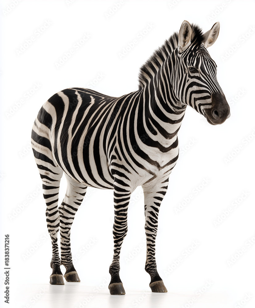 Fototapeta premium Zebra standing gracefully isolated on white background.