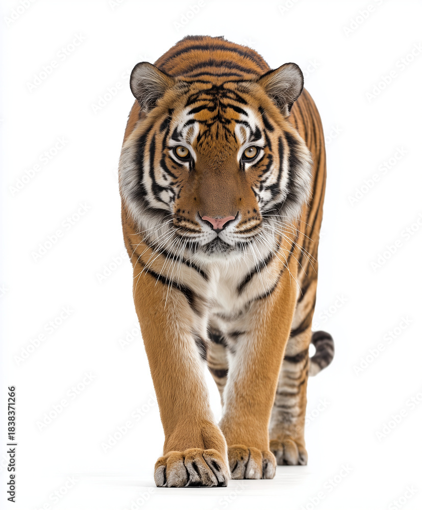 Obraz premium Majestic tiger walking confidently isolated on white background.
