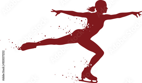 Maroon silhouette vector of a female figure skater performing a graceful ice move, symbolizing sport, elegance, winter athletics, and competitive performance.