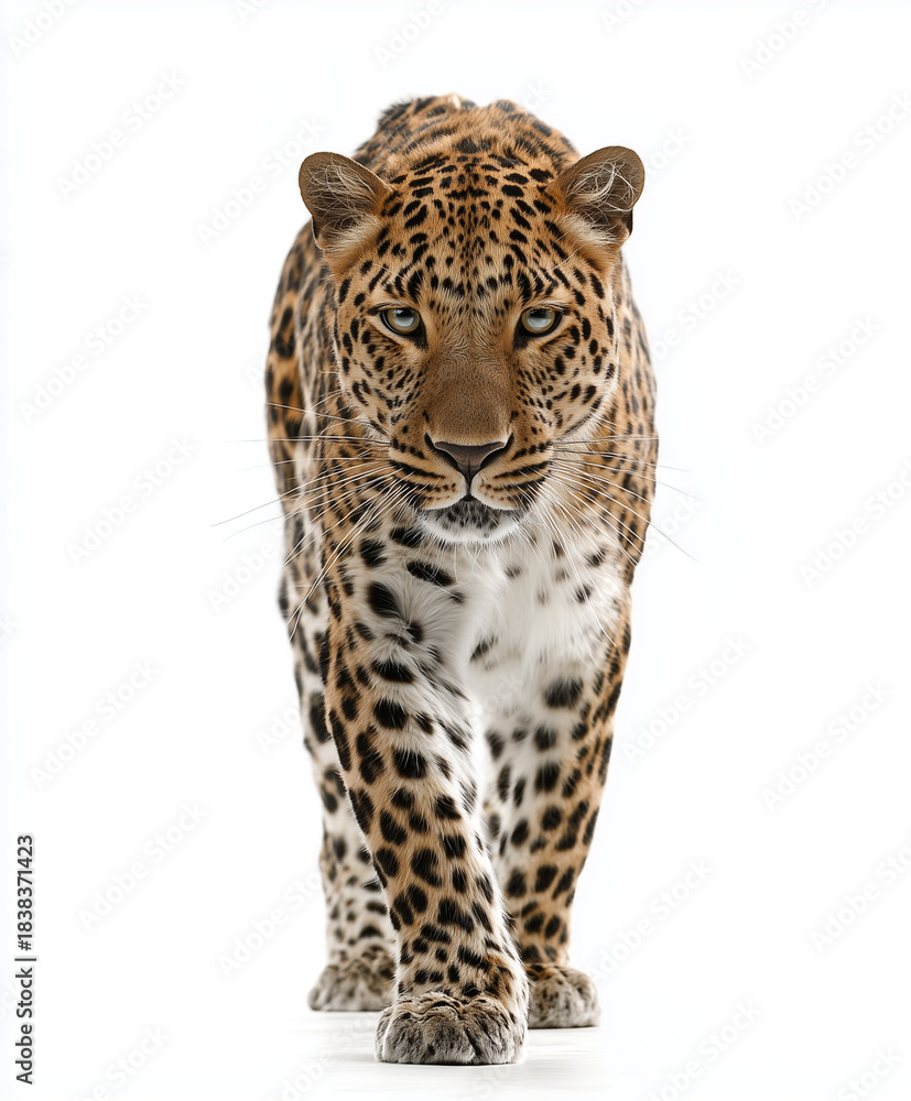 Obraz premium Leopard walking confidently isolated on white background.