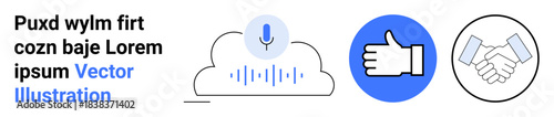 Artificial intelligence, voice recognition, social media, business communication, collaboration, partnership. Microphone in cloud, thumbs-up handshake symbols. Voice recognition and social media