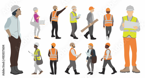 Construction people collection in editable vector cores architect engineer work builders