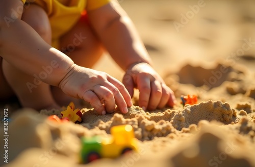 A child in bright clothes plays with his hands in the warm sand, building figures and slides, small colorful toys are scattered around, everything is bathed in soft golden light.
