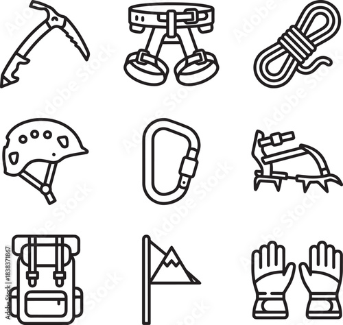Mountain climbing equipment set including ice axe helmet crampons carabiner rope harness backpack flag