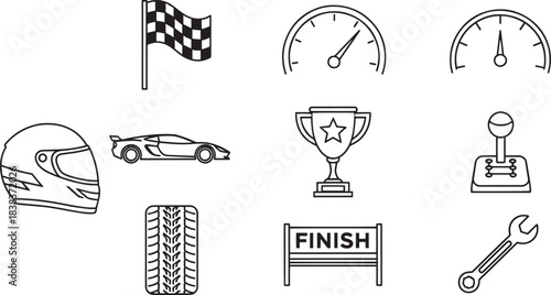 Racing sport outline icons collection. Checkered flag racing car speedometer gear lever and finish