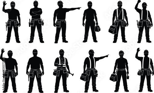 Construction workers silhouettes with safety helmets and tool belts in different poses, professional labor team for building, industry, repair and engineering projects