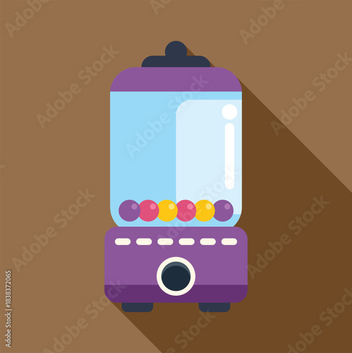 Gumball machine with colorful candy balls on a brown background, flat design vector style