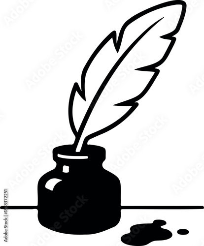 Black and white vector illustration of a quill pen placed inside an ink bottle with a small ink spill nearby. This minimalist design evokes themes of traditional writing, literature, history, and call